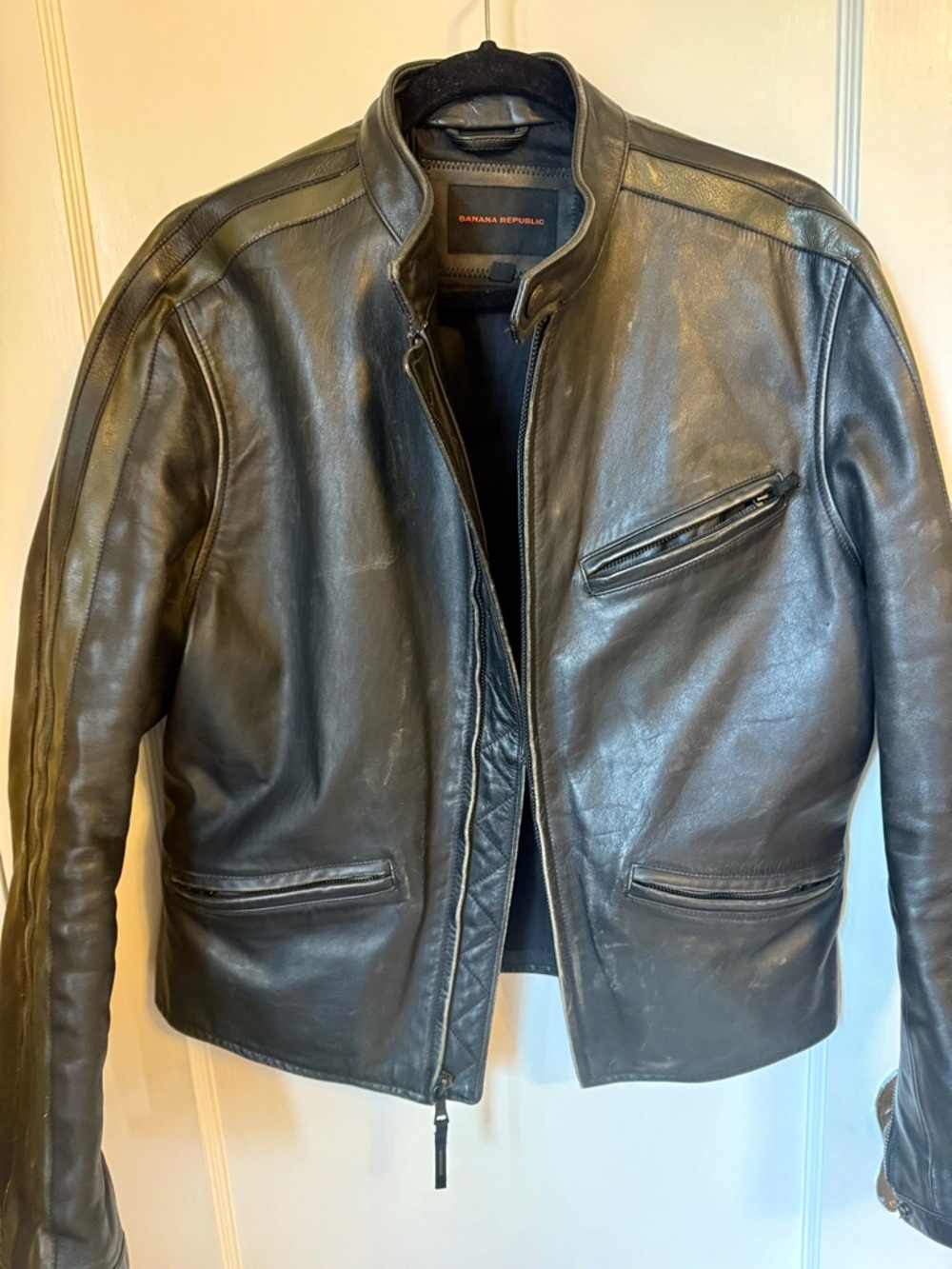 Men’s Vintage Y2K Banana Republic Black Leather Motorcycle Moto Jacket - Medium